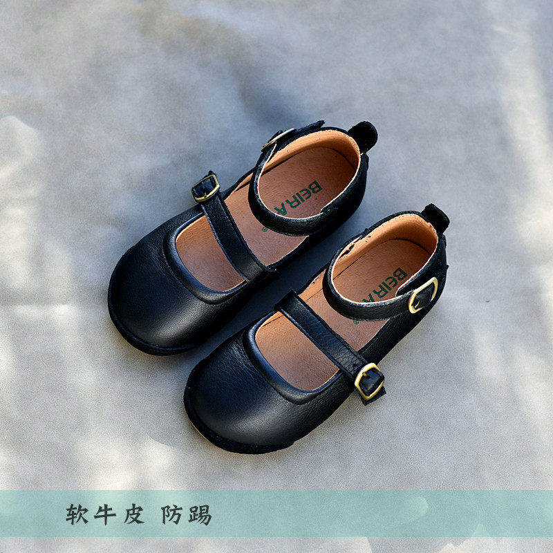 儿童秋款女童真皮单鞋2024韩版公主鞋皮鞋休闲潮鞋黑方口中大童潮