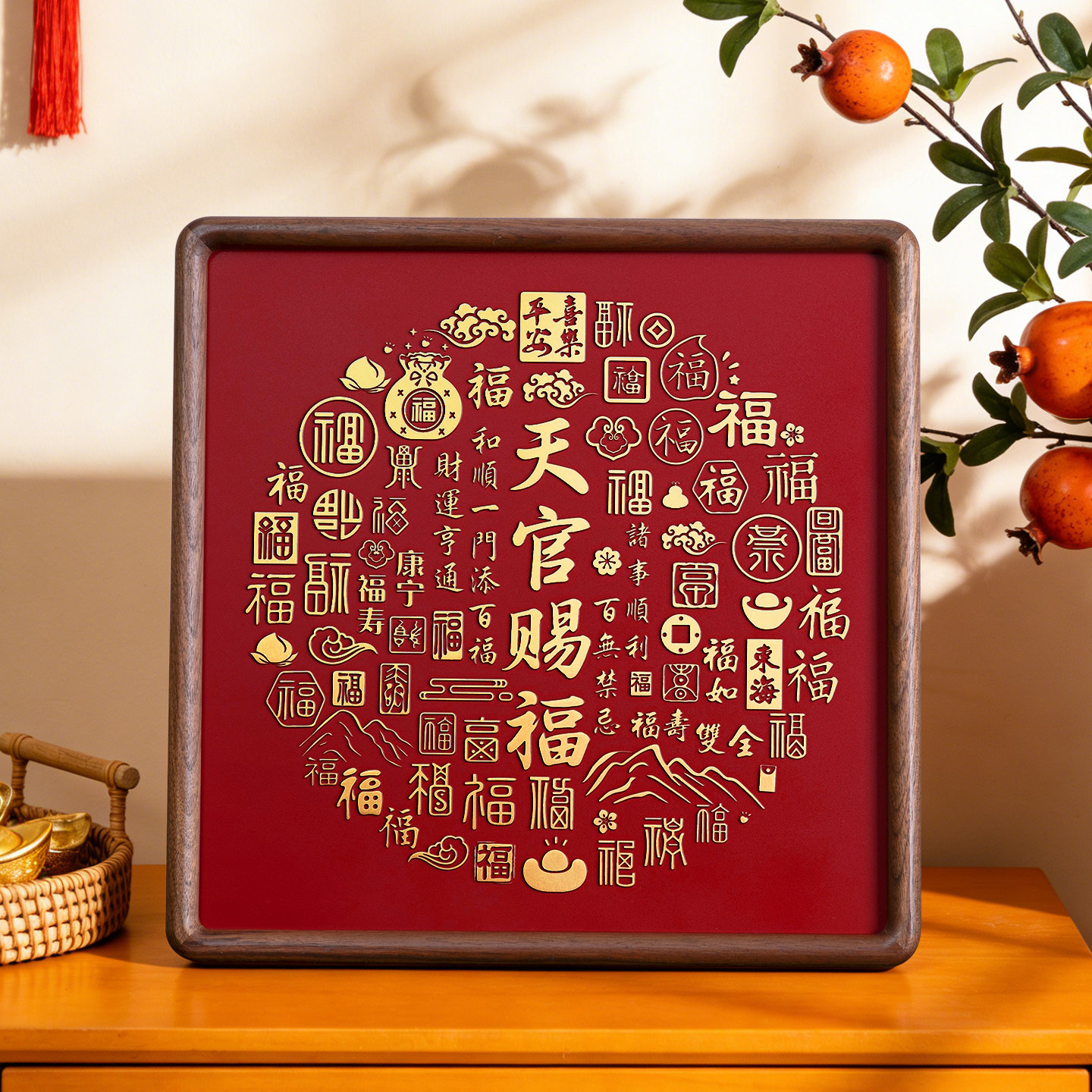 天官赐福摆件高级感纯铜雕百福图客厅玄关装饰高级感乔迁礼物实用