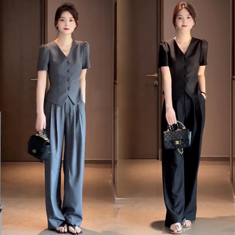 时尚套装女2025夏季新款高级感减龄显瘦短袖西装上衣阔腿裤两件套