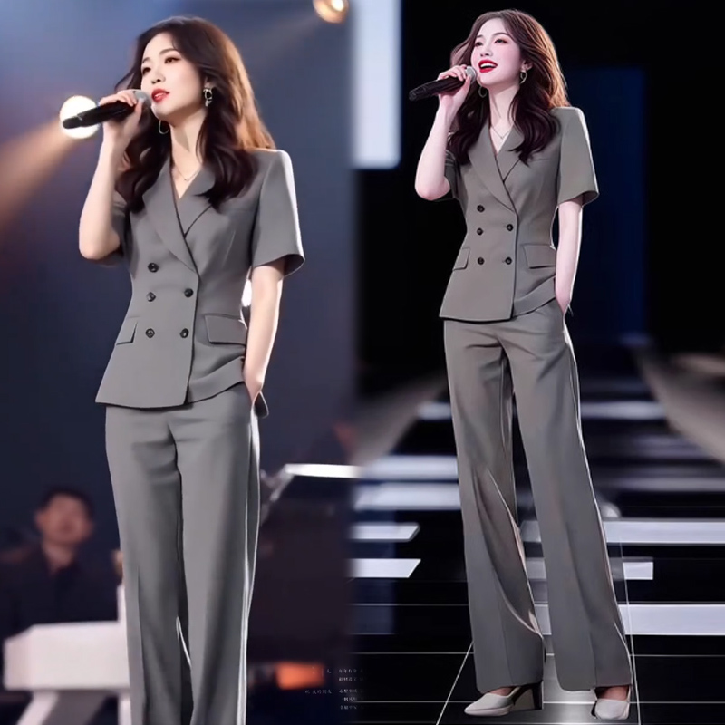 时尚套装女2025夏季新款高级感显瘦短袖西装上衣阔腿裤职业两件套