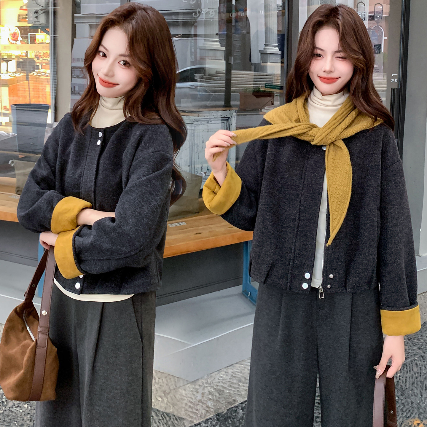 加棉韩系撞色短款毛呢外套女冬季