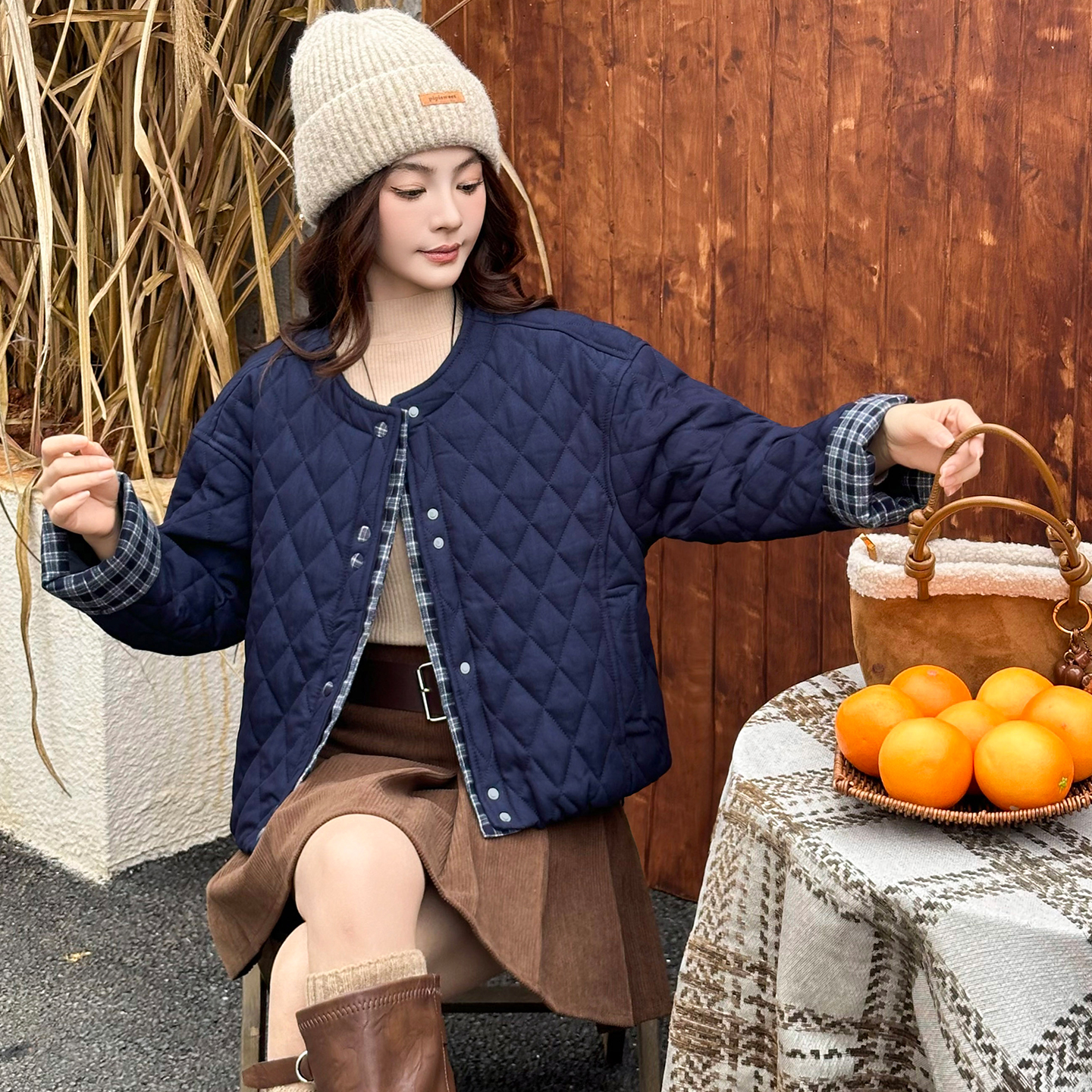 韩系复古短款菱格撞色棉服女冬款