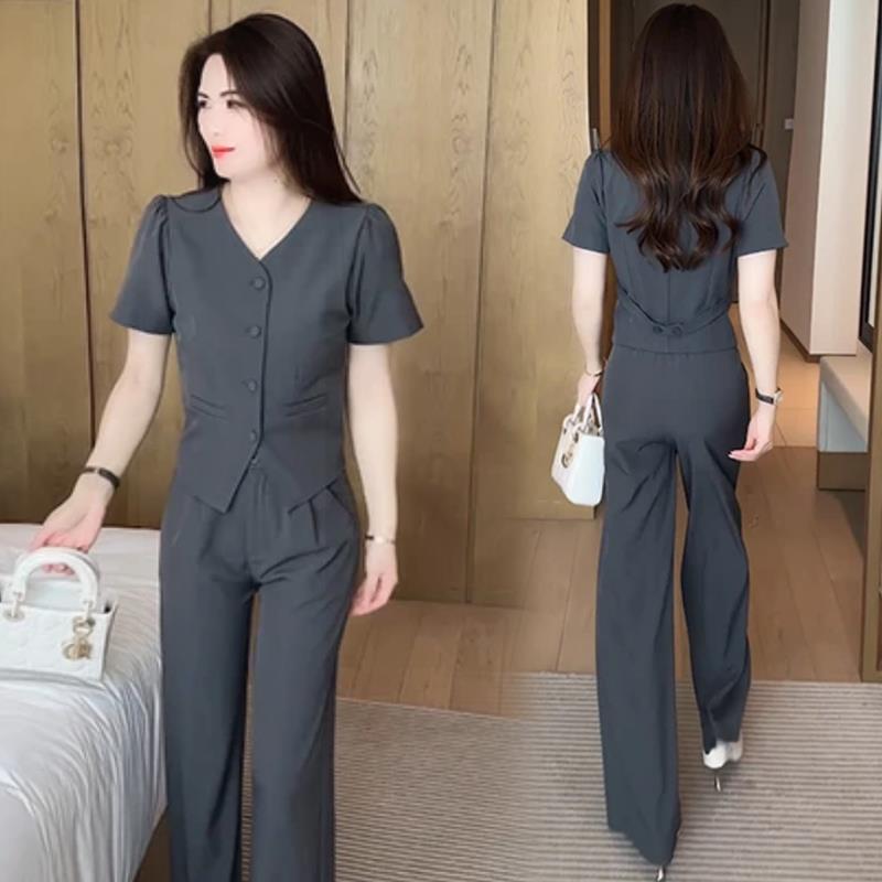 时尚西装套装女2025夏季新款韩版显瘦西服短袖上衣阔腿裤两件套