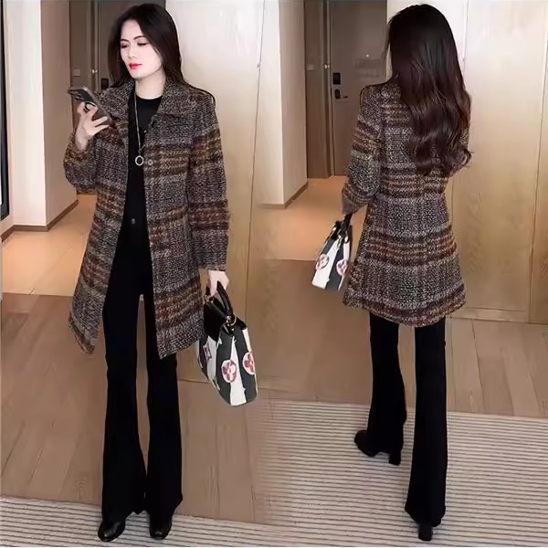 加厚格子毛呢外套女2025冬季新款高级感修身中长款保暖呢子大衣