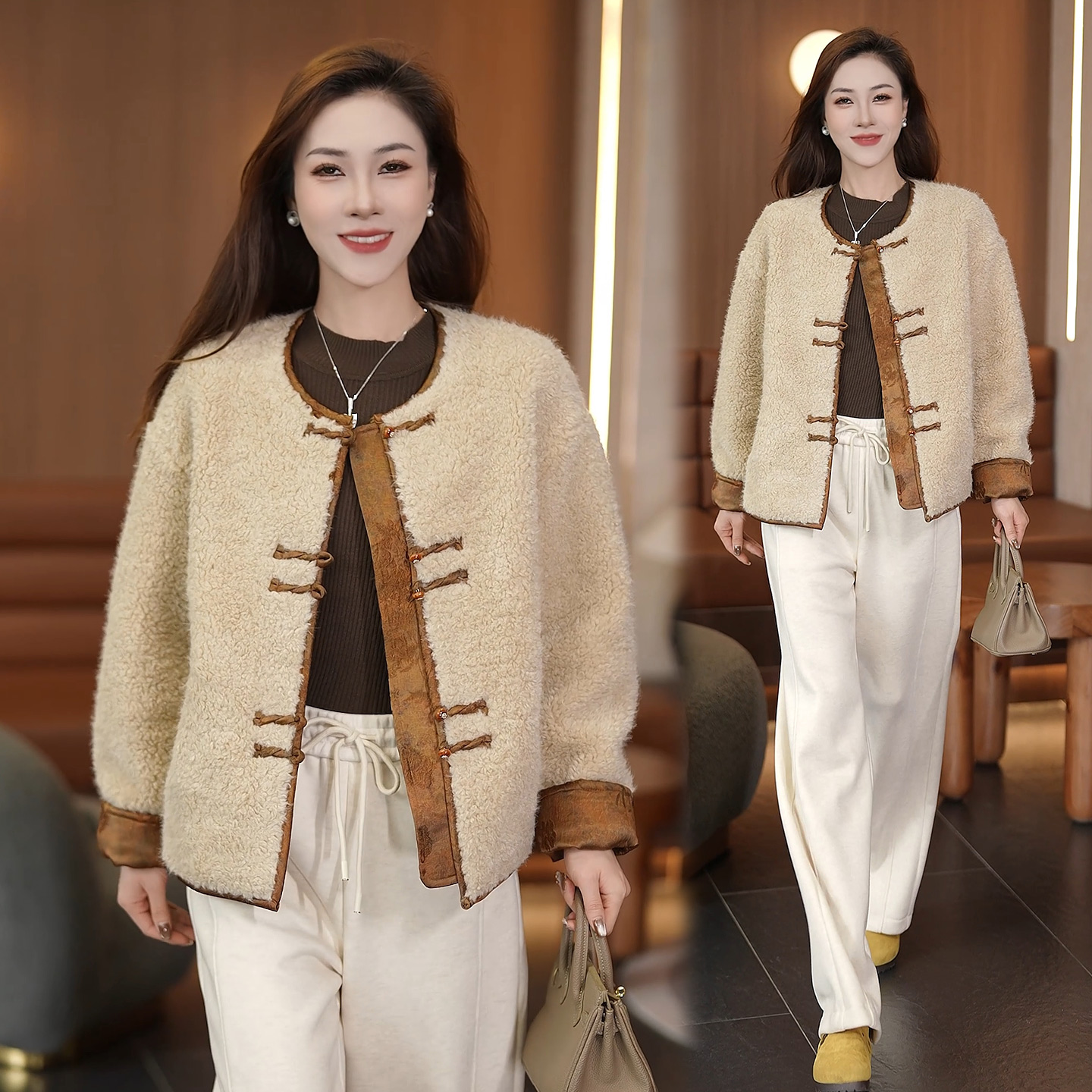 新中式盘扣仿羊羔毛毛短外套女