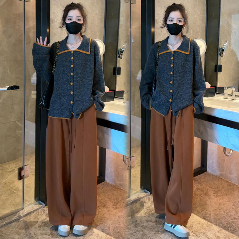 翻领宽松针织衫女2025秋冬新款复古韩版撞色设计感慵懒风开衫毛衣