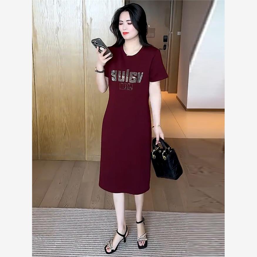 时尚连衣裙女2025夏季新款洋气显瘦印花修身中长款休闲T恤裙子