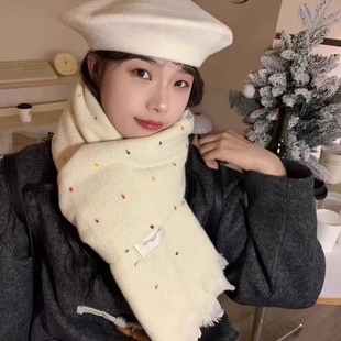 彩虹糖豆点子氛围感纱新款韩版围巾女冬甜美流苏保暖仿羊绒围脖披