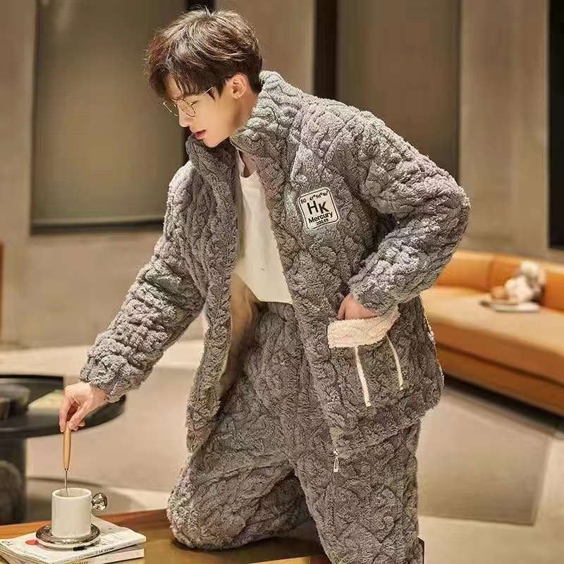 冬季加绒加厚睡衣男珊瑚绒三层夹棉法兰绒保暖超厚大码家居服套装