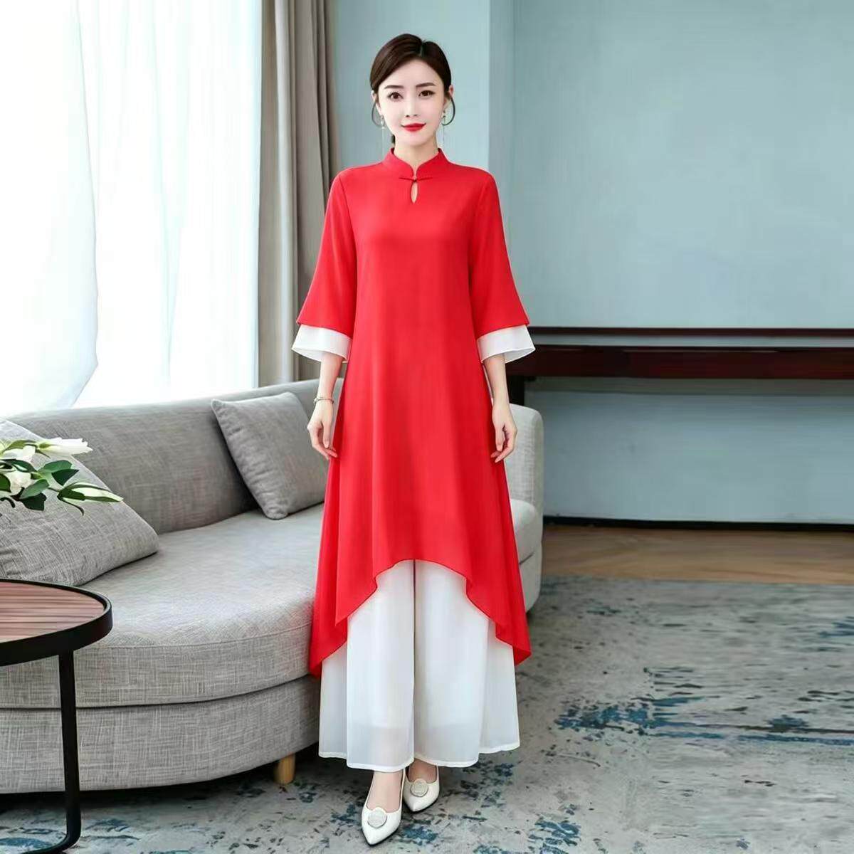 中国风改良旗袍茶服连衣裙套装