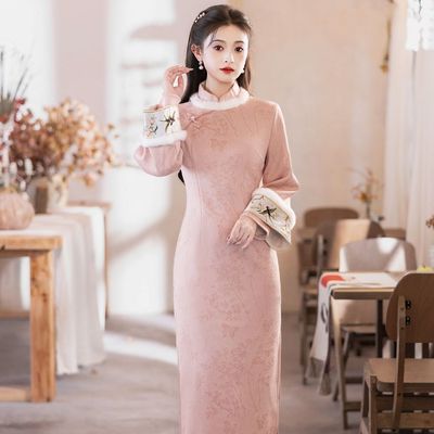 粉色旗袍冬装加绒加厚保暖