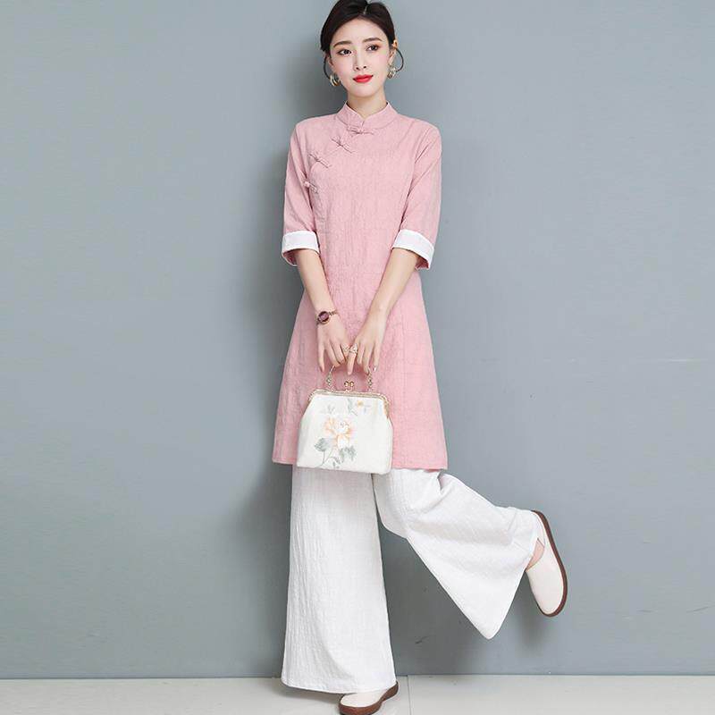 中国风复古文艺立领盘扣中长款旗袍上衣禅意采耳师工作服唐装茶服