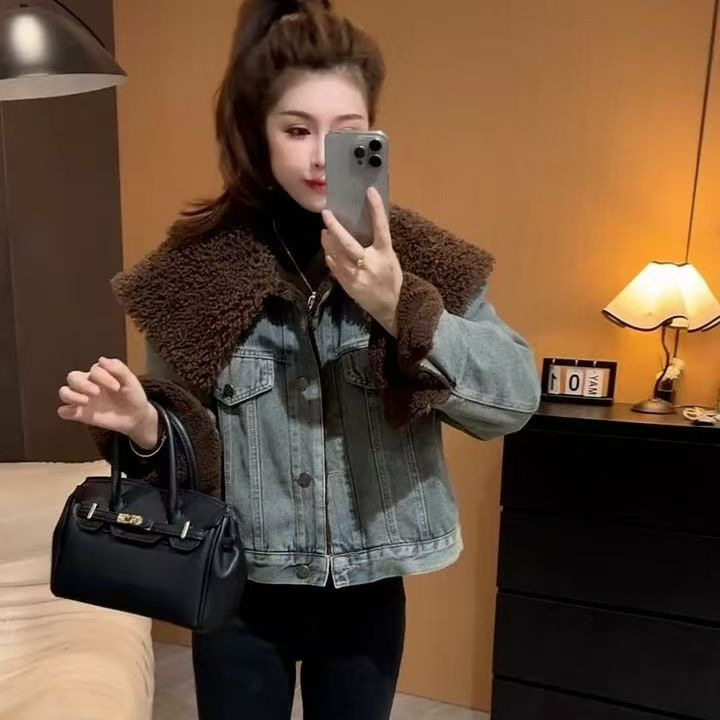 牛仔加绒加厚外套女秋冬季羊羔毛2026新款流行小个子女士短款百搭
