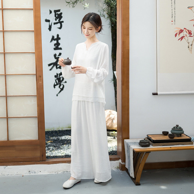 复古民族风棉麻禅意茶服两件套女
