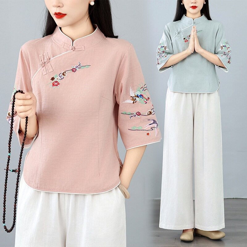 民族风套装禅意茶服棉麻盘扣绣花上衣+阔腿裤两件套红色上衣黑裤