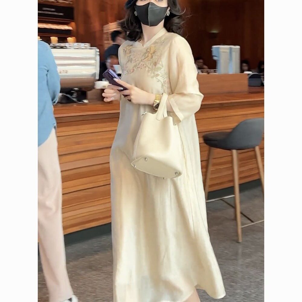 新中式刺绣旗袍裙夏季显瘦大码