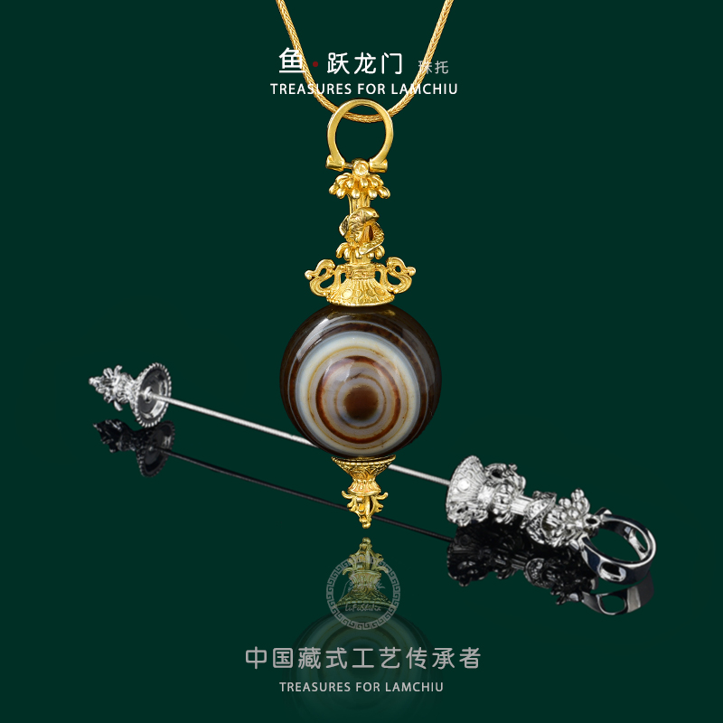 天珠空托镶嵌金刚杵鲤鱼转运吊坠琥珀蜜蜡桶珠圆珠扣可拧藏式配件