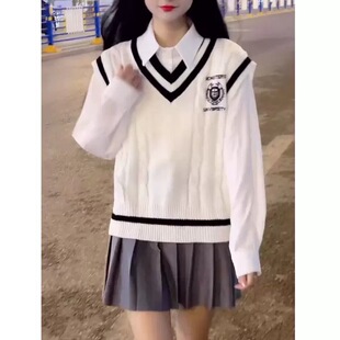 学院风日系可爱学生百搭针织马甲背心女秋季长袖衬衫毛衣叠穿套装