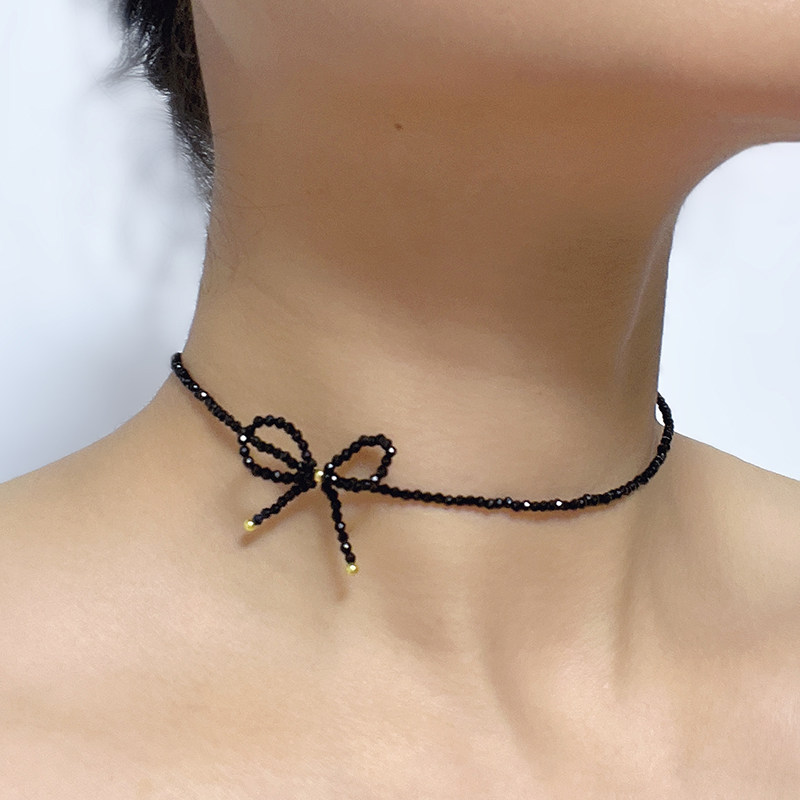 黑色尖晶石手工蝴蝶结颈链女细锁骨链简约百搭饰品精致大方
