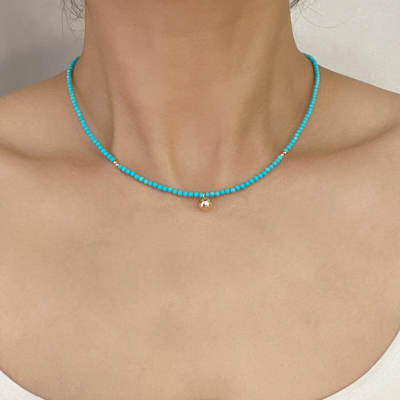 天然原矿绿松石小米珠项链14K小金球吊坠串珠锁骨链新中式百搭