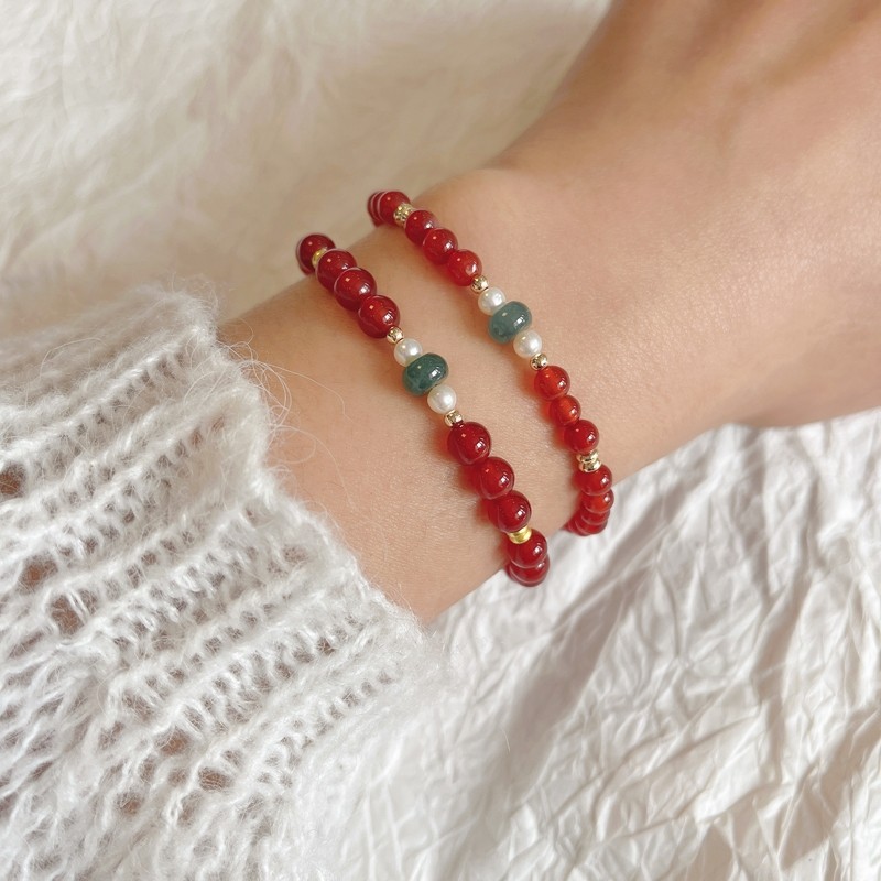 天然红玛瑙本命年手链绿翡翠淡水珍珠细手串轻奢小众高级感礼物