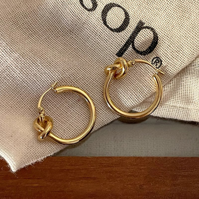 S925纯银金色极简打结圆环耳环女