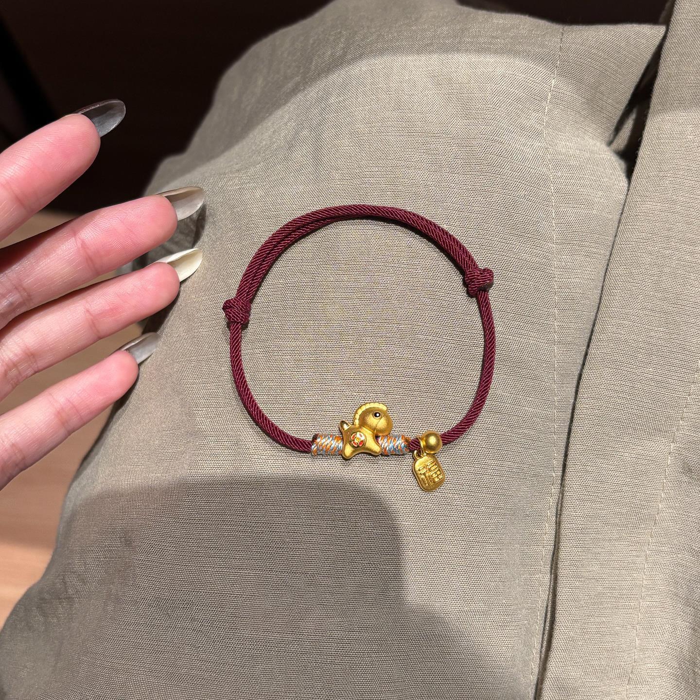 S925纯银金色小马红色编绳手链女