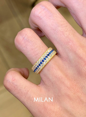 蓝色仿宝石宽面排钻戒指女