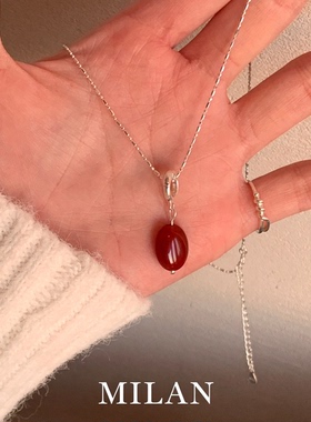 S925纯银简约红色玛瑙吊坠项链女