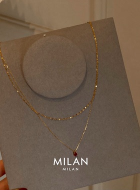 金色鱼鳞链叠戴红宝石吊坠项链