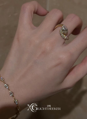 S925纯银金色水滴闪钻戒指女