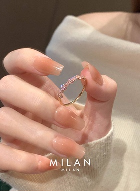 S925纯银粉闪钻香槟金细圈戒指女
