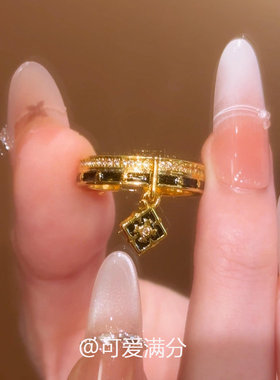 S925纯银黑金色万象四叶花戒指女