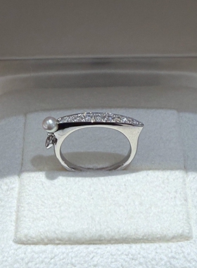 S925纯银满钻施家珍珠平衡木戒指