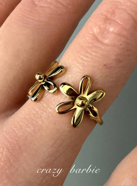 S925纯银金色小花朵开口戒指女