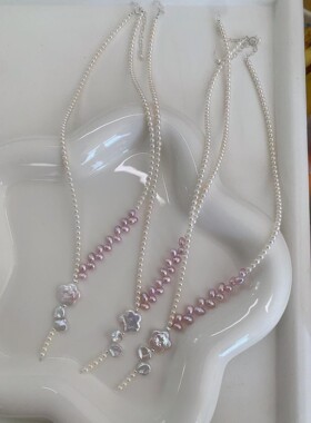 S925纯银粉紫渐变仿珍珠项链女