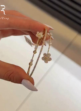 S925纯银金色闪钻花朵手镯女