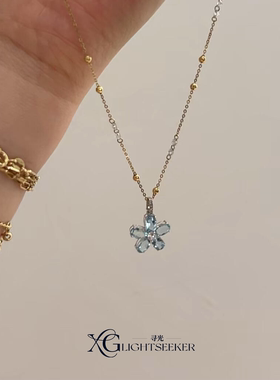 S925纯银冰透蓝色花朵项链女
