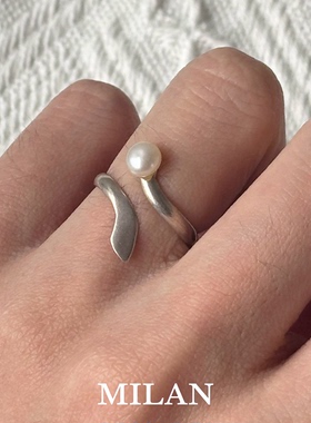 S925纯银法式仿珍珠波浪戒指女