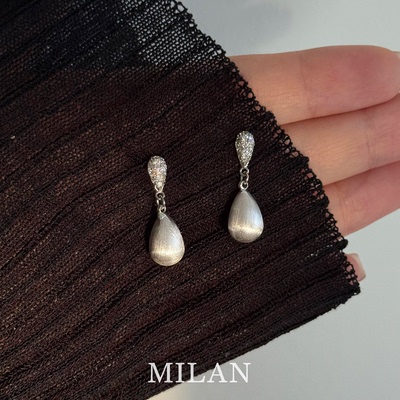 S925纯银磨砂拉丝水滴耳钉女