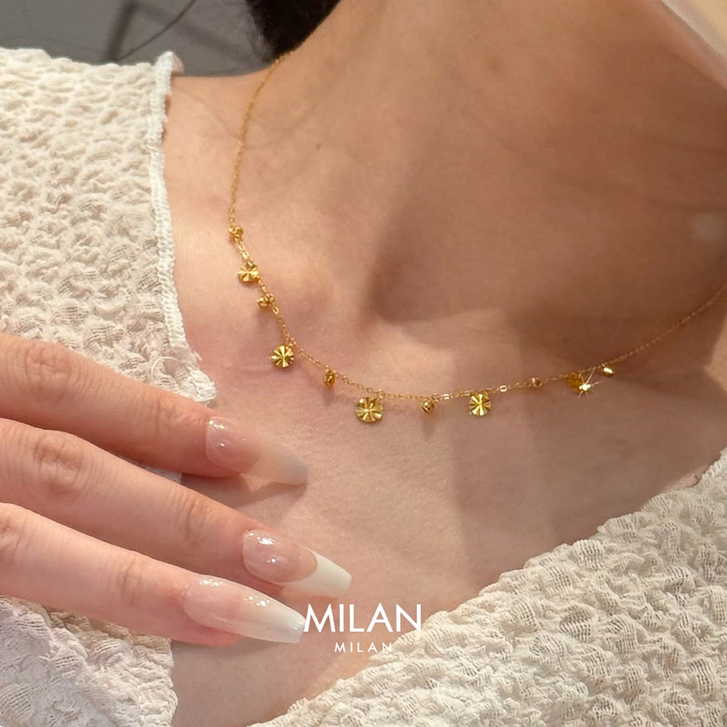 S925纯银镭射金色圆片流苏项链女2026新爆款高级感轻奢小众锁骨链