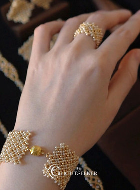 S925纯银金色米珠蕾丝宽版手链女