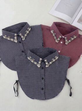 三色格纹重工钉钻假领子女衬衫假衣领秋冬毛衣大衣装饰领百搭衬衣