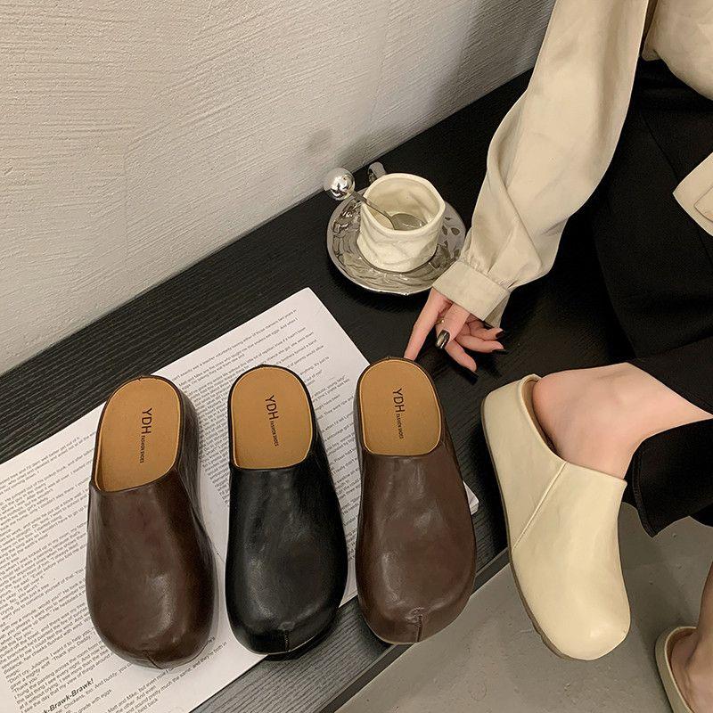 厚底皮面勃肯鞋一脚蹬包头半拖鞋女外穿2026新款秋季博肯凉拖单鞋