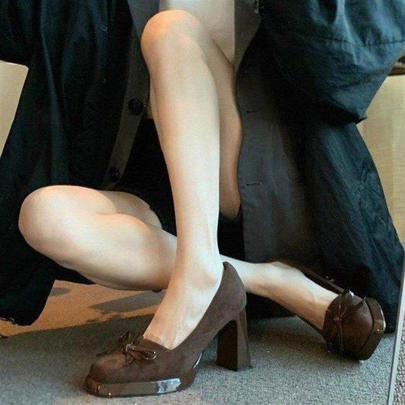 2026新款春秋法式复古方头蝴蝶结高跟鞋女防水台粗跟单鞋浅口女鞋