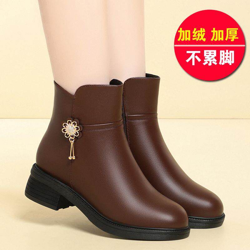 冬季加绒加厚妈妈棉鞋女防滑粗跟短靴真皮舒适保暖中老年女士棉靴