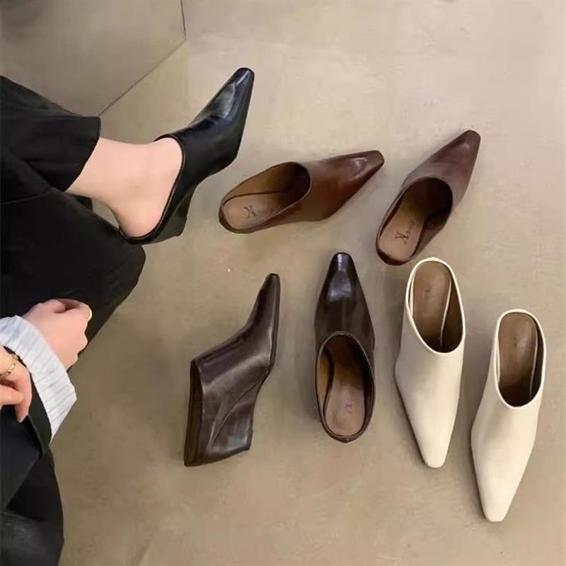 欧美包头半拖鞋女软皮小方头坡跟高跟凉拖时尚外穿粗跟懒人穆勒鞋
