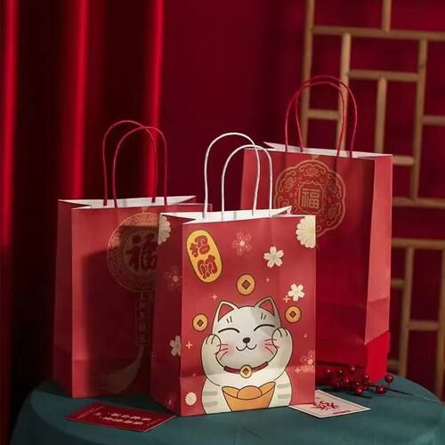 春节礼物手提袋子中国风新年礼品袋国潮牛皮纸袋包装红色
