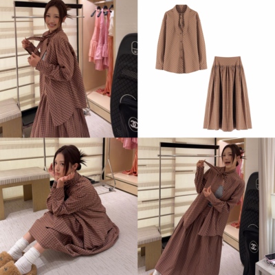 设计感长领结格子套装311