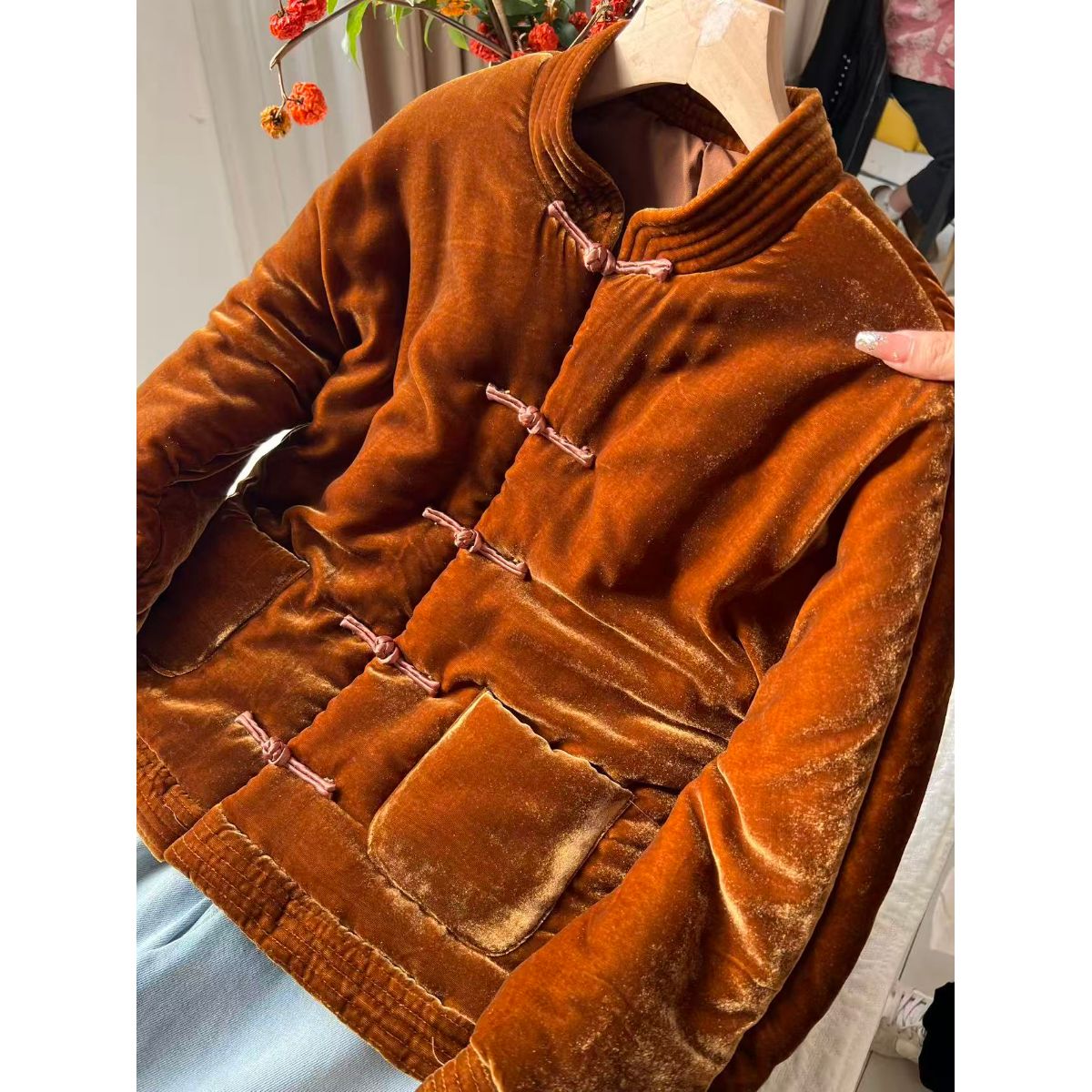 10932樱美嘉盘扣100桑蚕丝丝绒棉服立领短款国风秋冬新款新中式